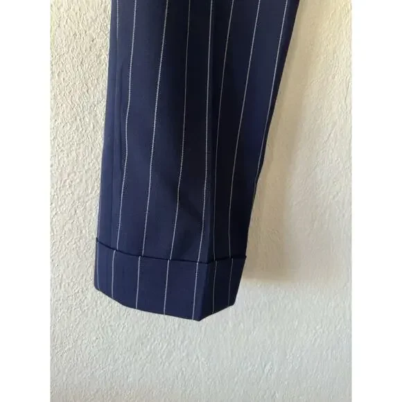 Lauren Ralph Lauren Black Label Pleated Navy Pinstripe Cuffed High Waist Sz 4 - Picture 4 of 14